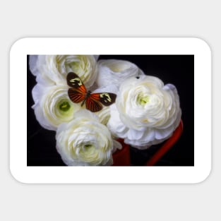 Orange Butterfly Resting On Ranunculus Sticker